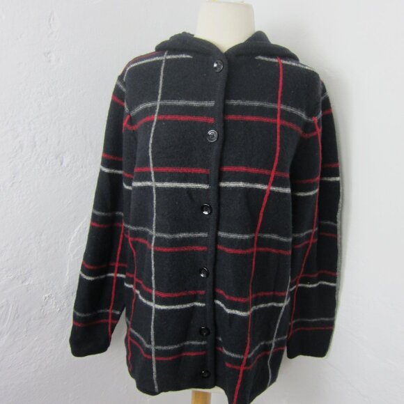 Vintage Cherokee Women's Size Small Black Plaid Wool Hooded Button Up Cardigan - Picture 5 of 7